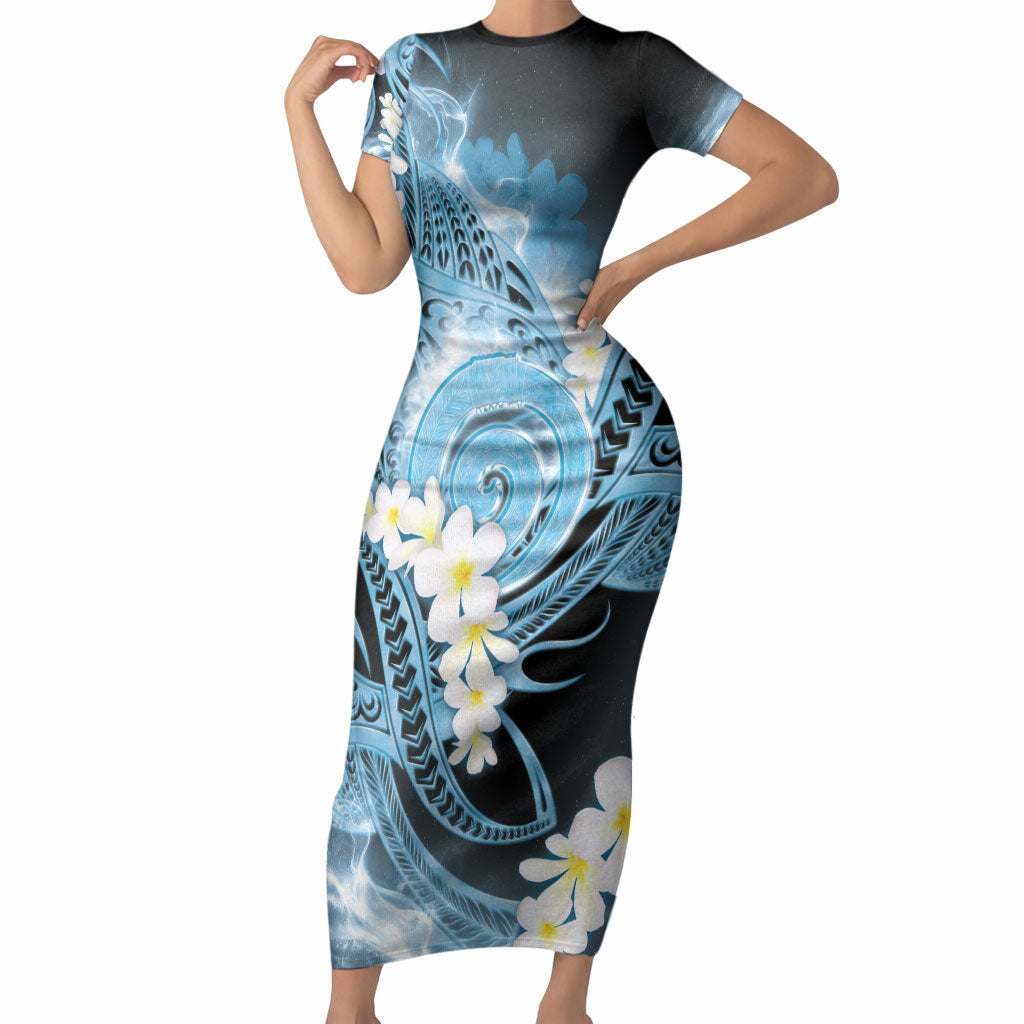Piko Hawaiian Short Sleeve Bodycon Dress Blue Galaxy Spiral Plumeria Tribal Patterns DT05 Long Dress Blue - Polynesian Pride