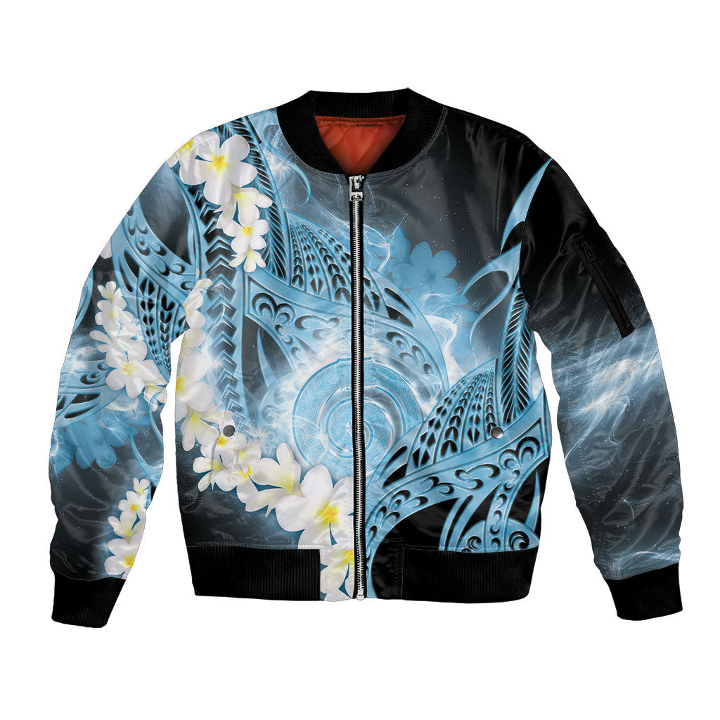Piko Hawaiian Sleeve Zip Bomber Jacket Blue Galaxy Spiral Plumeria Tribal Patterns DT05 Unisex Blue - Polynesian Pride