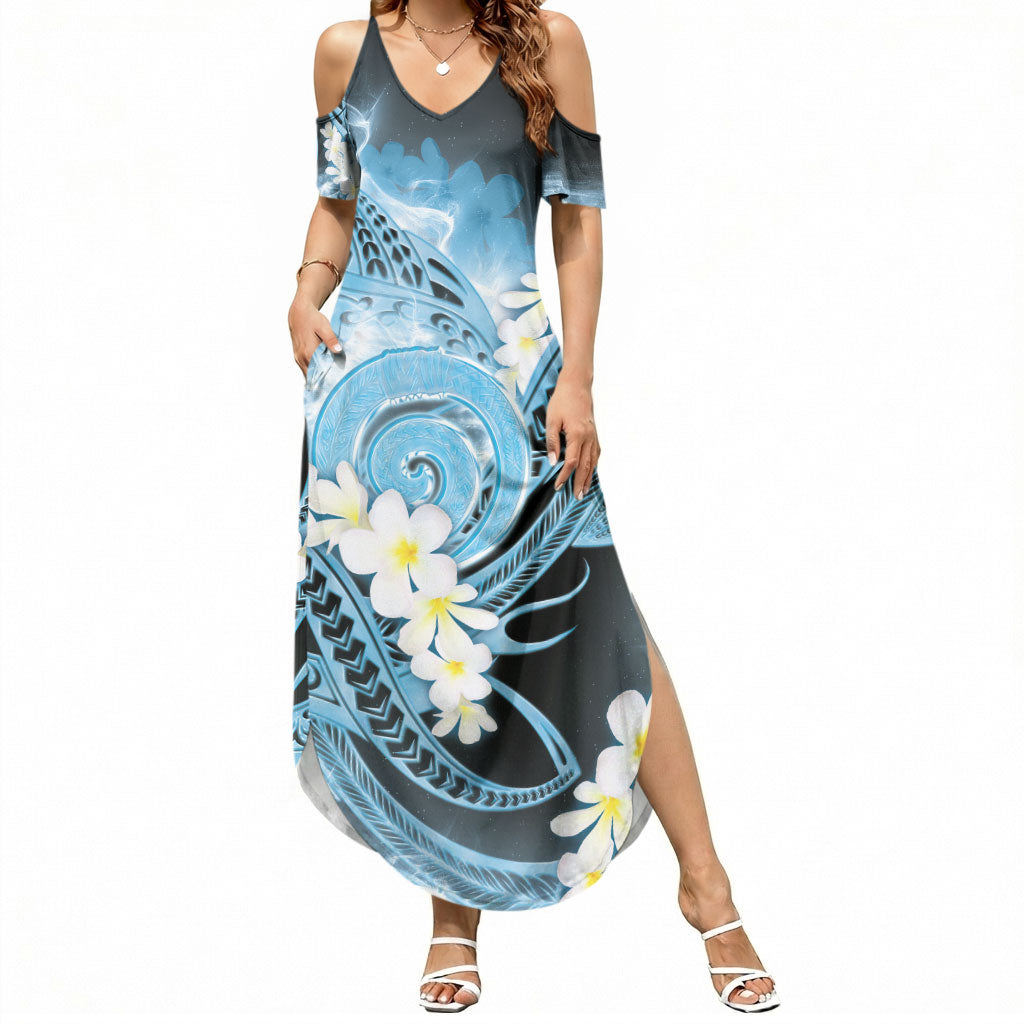 Piko Hawaiian Summer Maxi Dress Blue Galaxy Spiral Plumeria Tribal Patterns DT05 Women Blue - Polynesian Pride