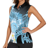 Piko Hawaiian Women Sleeveless Polo Shirt Blue Galaxy Spiral Plumeria Tribal Patterns DT05 - Polynesian Pride