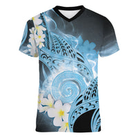 Piko Hawaiian Women V-Neck T-Shirt Blue Galaxy Spiral Plumeria Tribal Patterns DT05 Female Blue - Polynesian Pride