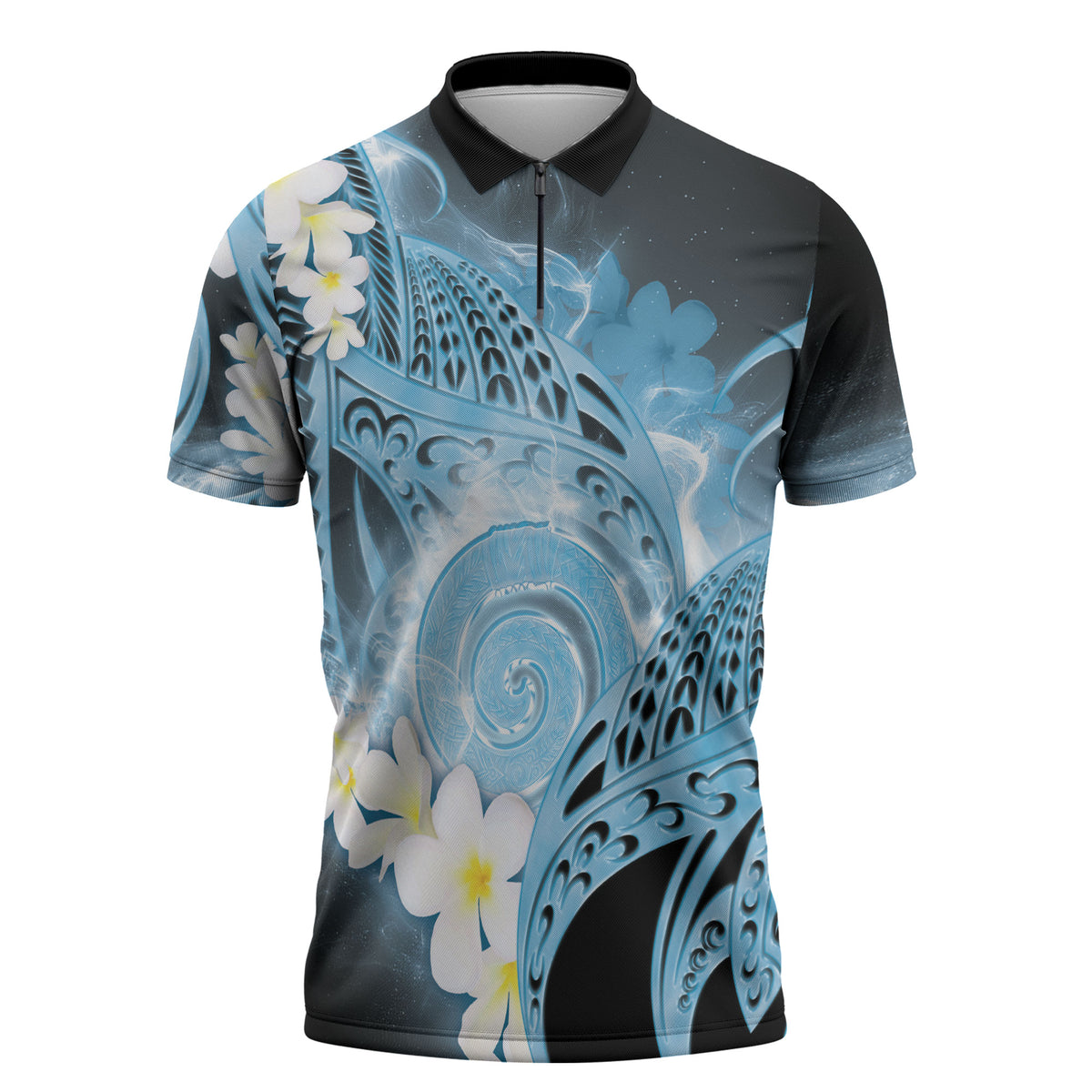 Piko Hawaiian Zipper Polo Shirt Blue Galaxy Spiral Plumeria Tribal Patterns DT05 Blue - Polynesian Pride