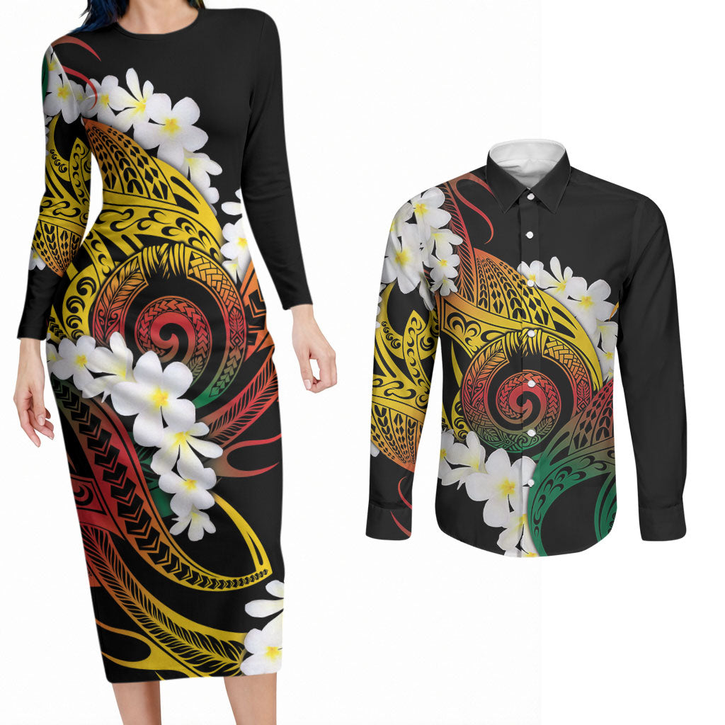 Piko Hawaiian Couples Matching Long Sleeve Bodycon Dress and Long Sleeve Button Shirt Gradient Spiral Plumeria Tribal Patterns DT05 Multicolor - Polynesian Pride