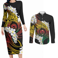 Piko Hawaiian Couples Matching Long Sleeve Bodycon Dress and Long Sleeve Button Shirt Gradient Spiral Plumeria Tribal Patterns DT05 Multicolor - Polynesian Pride