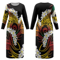 Piko Hawaiian Couples Matching Long Sleeve Bodycon Dress and Long Sleeve Button Shirt Gradient Spiral Plumeria Tribal Patterns DT05 - Polynesian Pride