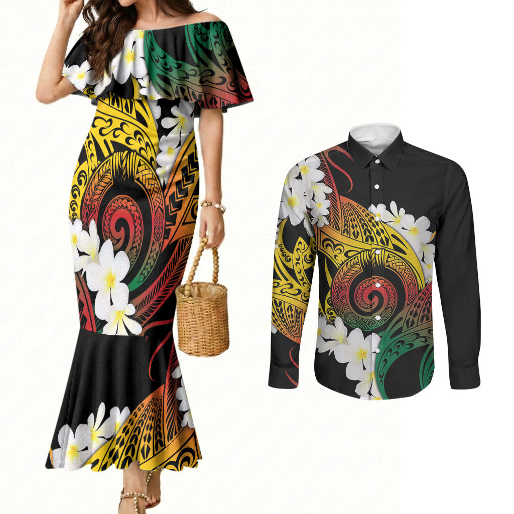 Piko Hawaiian Couples Matching Mermaid Dress and Long Sleeve Button Shirt Gradient Spiral Plumeria Tribal Patterns DT05 Multicolor - Polynesian Pride