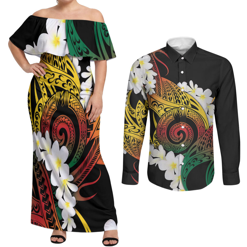 Piko Hawaiian Couples Matching Off Shoulder Maxi Dress and Long Sleeve Button Shirt Gradient Spiral Plumeria Tribal Patterns DT05 Multicolor - Polynesian Pride