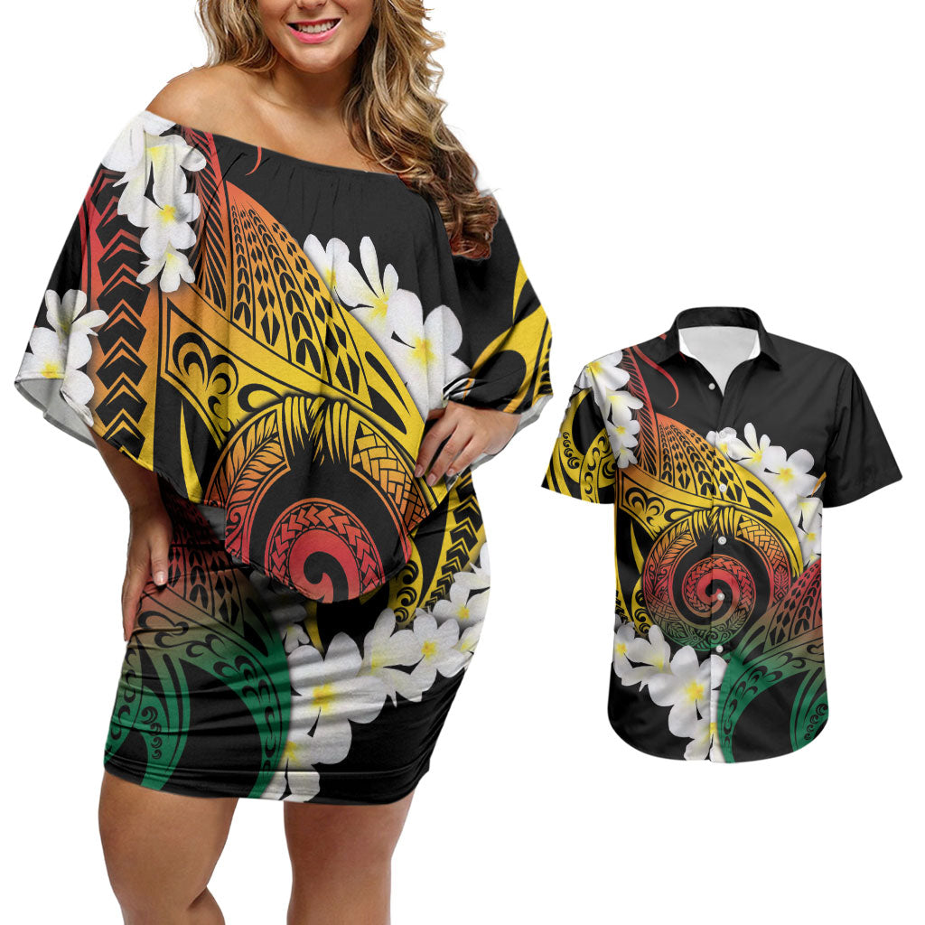 Piko Hawaiian Couples Matching Off Shoulder Short Dress and Hawaiian Shirt Gradient Spiral Plumeria Tribal Patterns DT05 Multicolor - Polynesian Pride