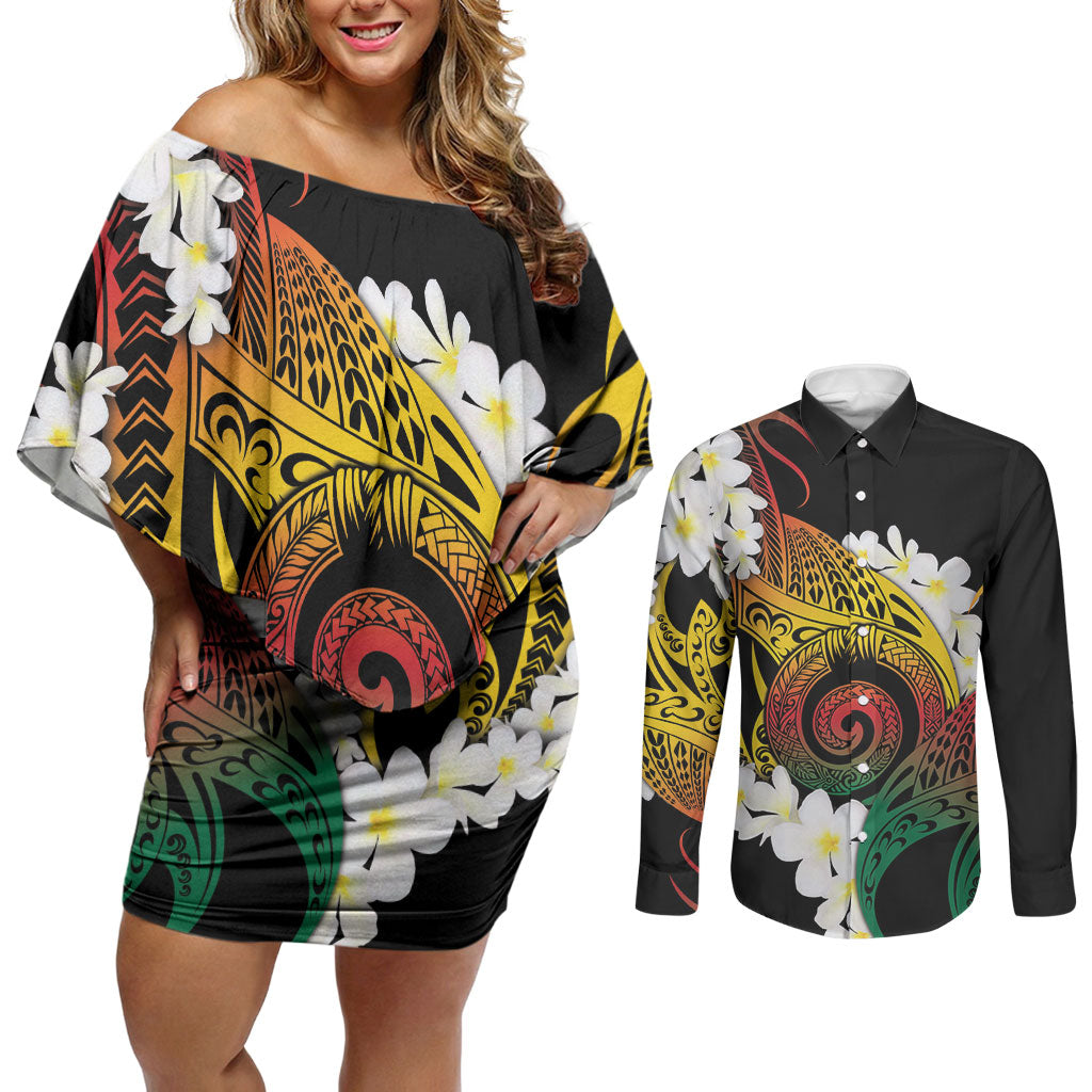 Piko Hawaiian Couples Matching Off Shoulder Short Dress and Long Sleeve Button Shirt Gradient Spiral Plumeria Tribal Patterns DT05 Multicolor - Polynesian Pride