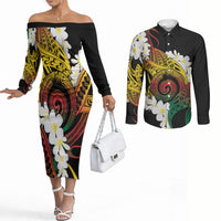 Piko Hawaiian Couples Matching Off The Shoulder Long Sleeve Dress and Long Sleeve Button Shirt Gradient Spiral Plumeria Tribal Patterns DT05 Multicolor - Polynesian Pride