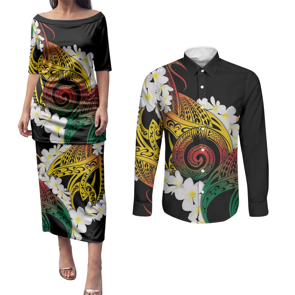 Piko Hawaiian Couples Matching Puletasi and Long Sleeve Button Shirt Gradient Spiral Plumeria Tribal Patterns DT05 Multicolor - Polynesian Pride