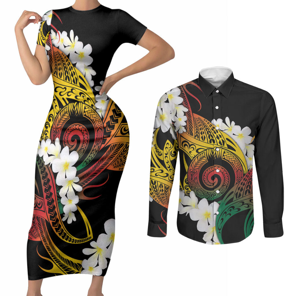 Piko Hawaiian Couples Matching Short Sleeve Bodycon Dress and Long Sleeve Button Shirt Gradient Spiral Plumeria Tribal Patterns DT05 Multicolor - Polynesian Pride