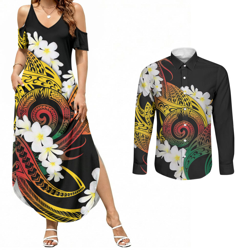 Piko Hawaiian Couples Matching Summer Maxi Dress and Long Sleeve Button Shirt Gradient Spiral Plumeria Tribal Patterns DT05 Multicolor - Polynesian Pride
