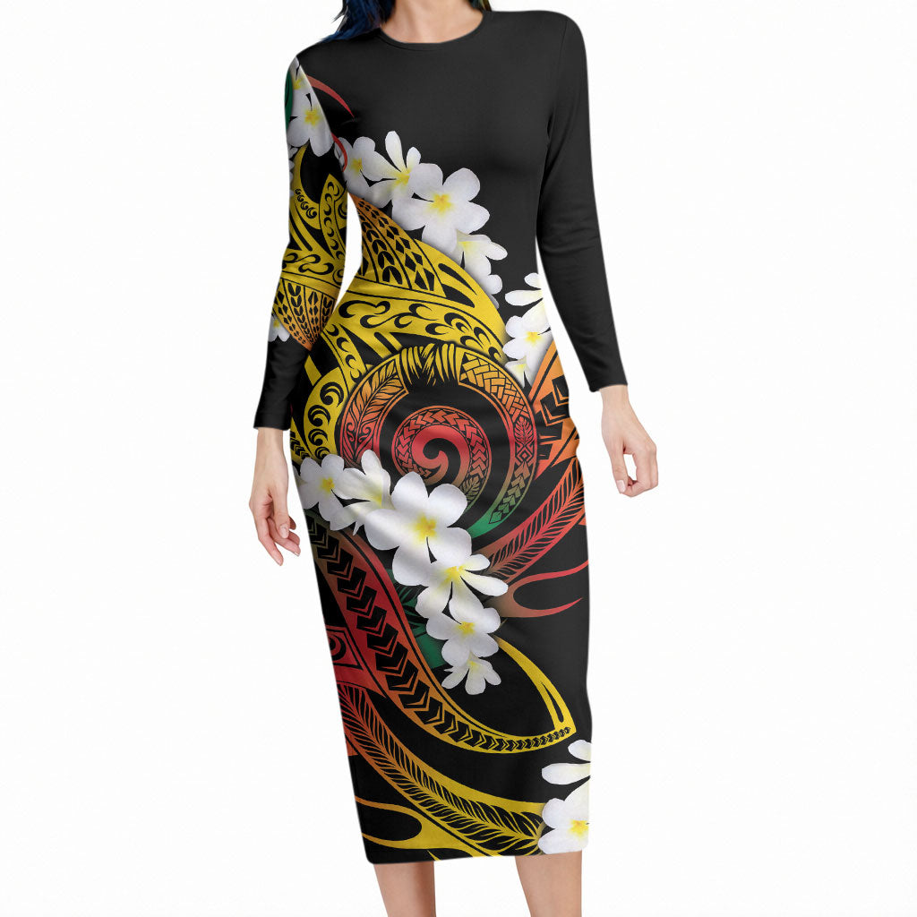 Piko Hawaiian Long Sleeve Bodycon Dress Gradient Spiral Plumeria Tribal Patterns DT05 Long Dress Multicolor - Polynesian Pride