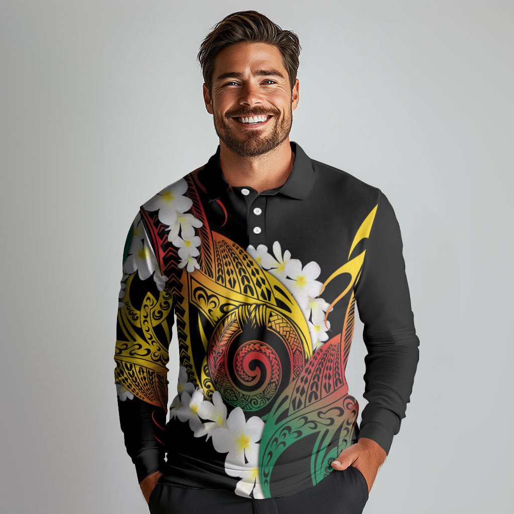Piko Hawaiian Long Sleeve Polo Shirt Gradient Spiral Plumeria Tribal Patterns DT05 - Polynesian Pride