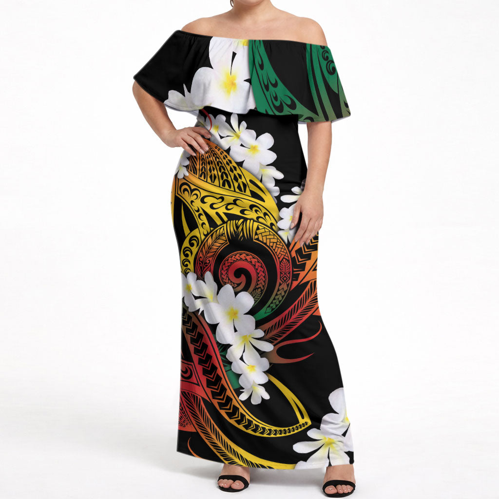 Piko Hawaiian Off Shoulder Maxi Dress Gradient Spiral Plumeria Tribal Patterns DT05 Women Multicolor - Polynesian Pride