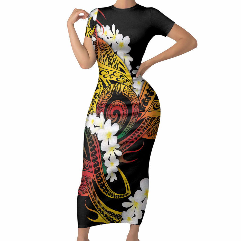 Piko Hawaiian Short Sleeve Bodycon Dress Gradient Spiral Plumeria Tribal Patterns DT05 Long Dress Multicolor - Polynesian Pride