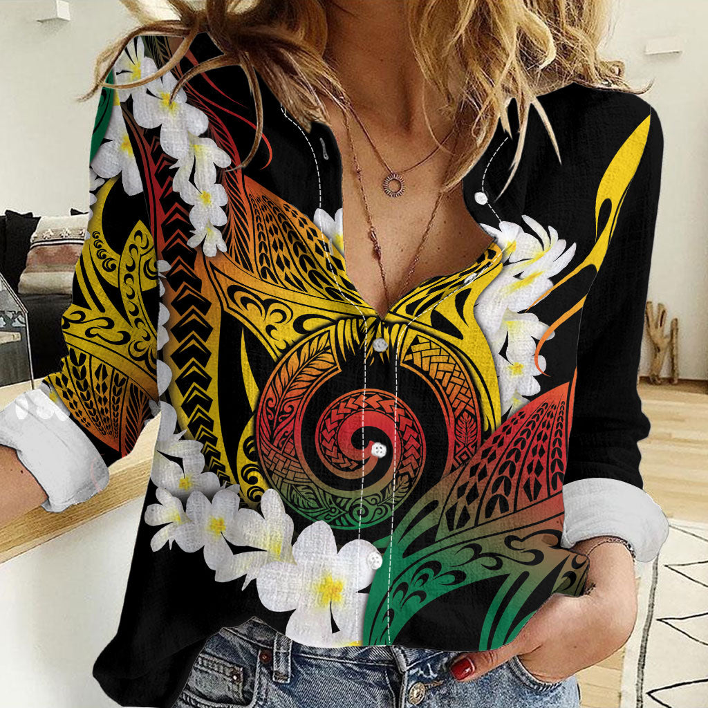 Piko Hawaiian Women Casual Shirt Gradient Spiral Plumeria Tribal Patterns DT05 Female Multicolor - Polynesian Pride