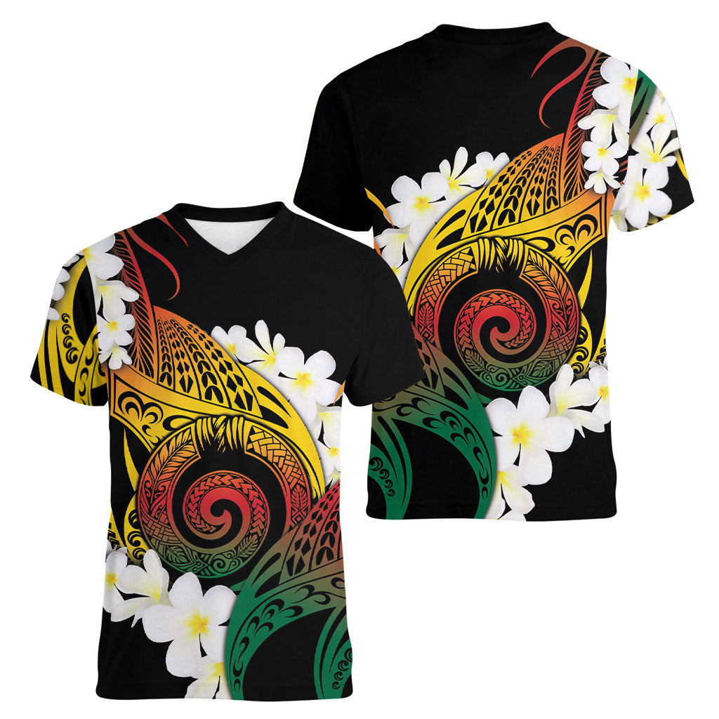 Piko Hawaiian Women V-Neck T-Shirt Gradient Spiral Plumeria Tribal Patterns DT05 - Polynesian Pride