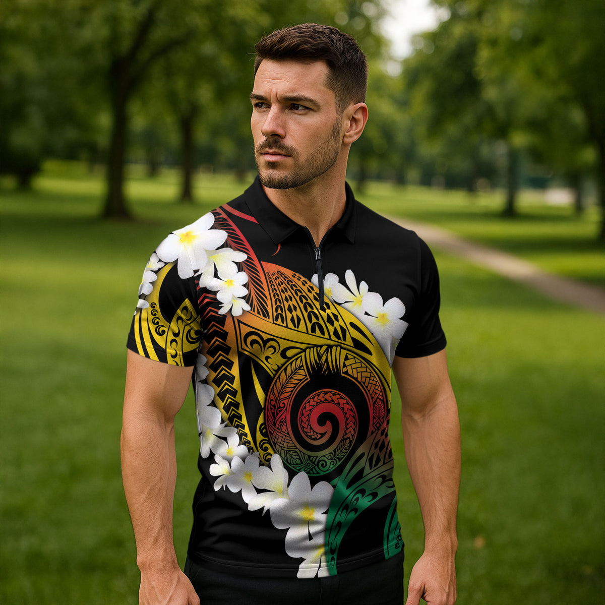 Piko Hawaiian Zipper Polo Shirt Gradient Spiral Plumeria Tribal Patterns DT05 - Polynesian Pride