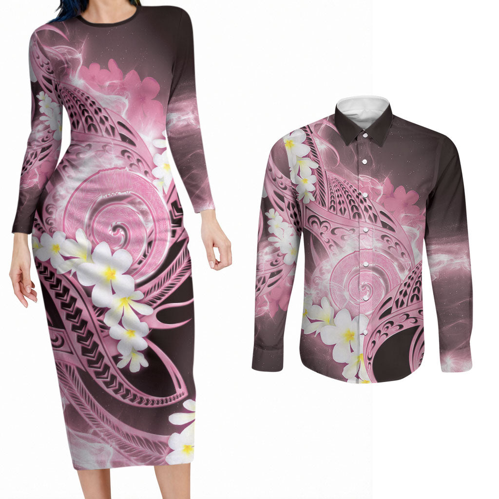 Piko Hawaiian Couples Matching Long Sleeve Bodycon Dress and Long Sleeve Button Shirt Pink Galaxy Spiral Plumeria Tribal Patterns DT05 Pink - Polynesian Pride