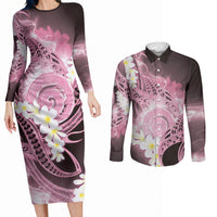 Piko Hawaiian Couples Matching Long Sleeve Bodycon Dress and Long Sleeve Button Shirt Pink Galaxy Spiral Plumeria Tribal Patterns DT05 Pink - Polynesian Pride