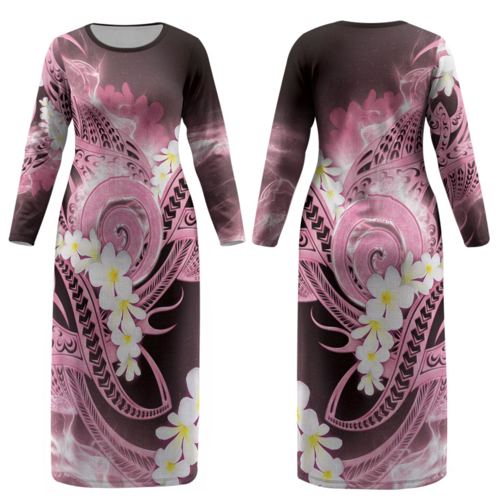 Piko Hawaiian Couples Matching Long Sleeve Bodycon Dress and Long Sleeve Button Shirt Pink Galaxy Spiral Plumeria Tribal Patterns DT05 - Polynesian Pride