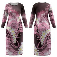 Piko Hawaiian Couples Matching Long Sleeve Bodycon Dress and Long Sleeve Button Shirt Pink Galaxy Spiral Plumeria Tribal Patterns DT05 - Polynesian Pride