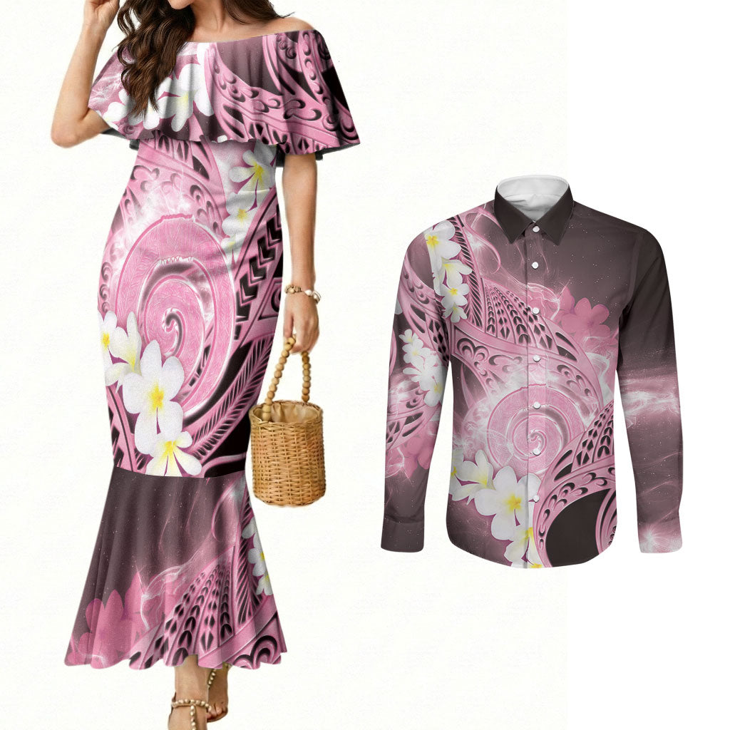 Piko Hawaiian Couples Matching Mermaid Dress and Long Sleeve Button Shirt Pink Galaxy Spiral Plumeria Tribal Patterns DT05 Pink - Polynesian Pride