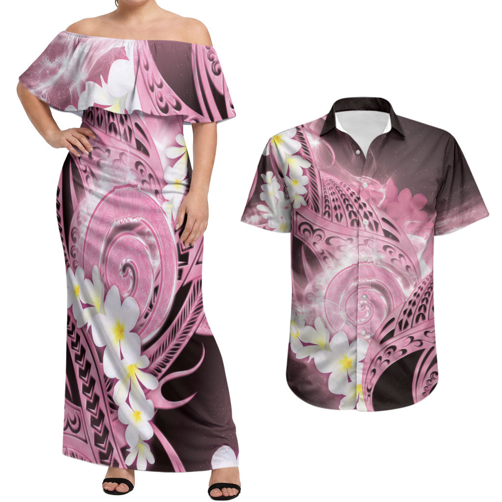 Piko Hawaiian Couples Matching Off Shoulder Maxi Dress and Hawaiian Shirt Pink Galaxy Spiral Plumeria Tribal Patterns DT05 Pink - Polynesian Pride