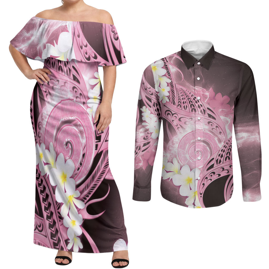 Piko Hawaiian Couples Matching Off Shoulder Maxi Dress and Long Sleeve Button Shirt Pink Galaxy Spiral Plumeria Tribal Patterns DT05 Pink - Polynesian Pride
