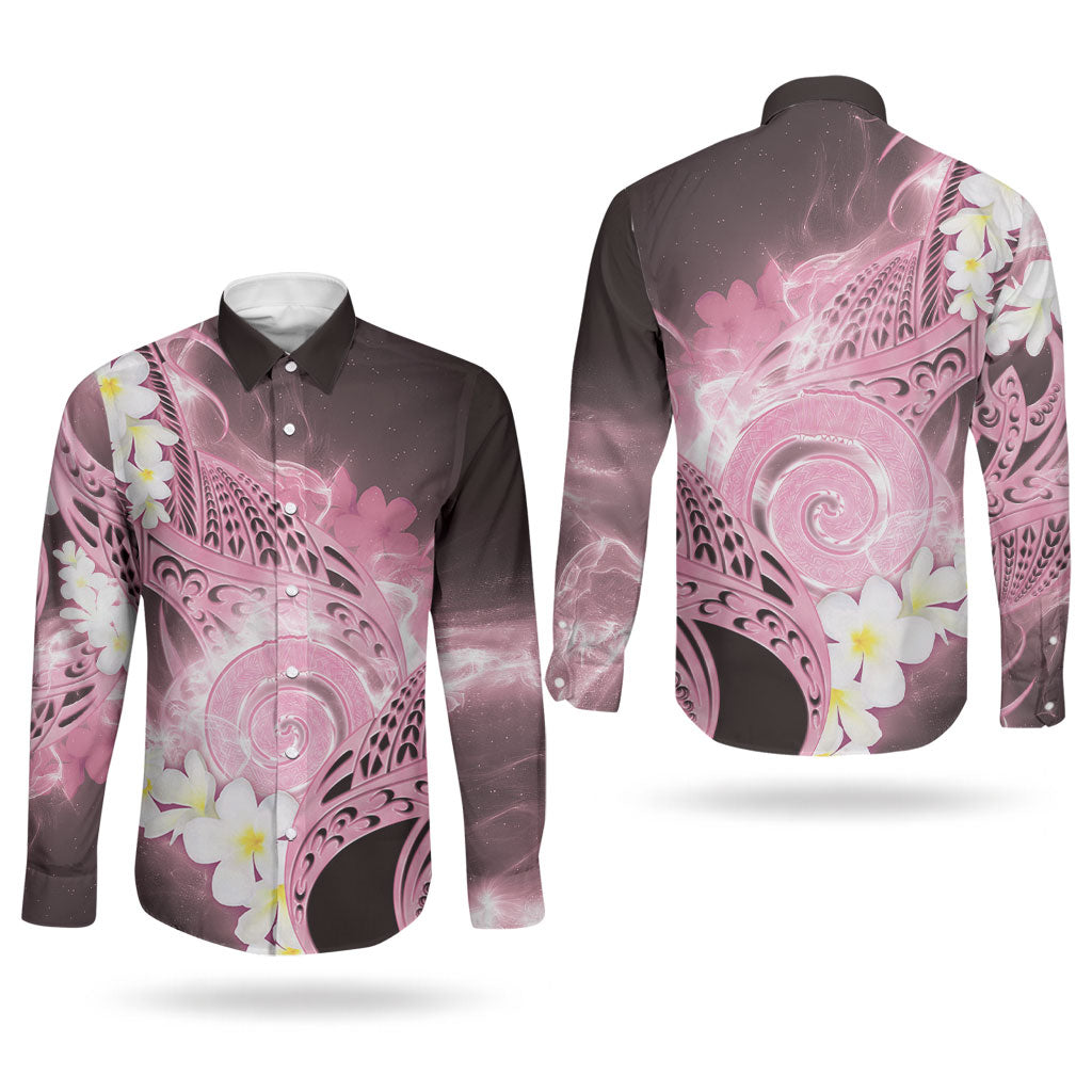Piko Hawaiian Couples Matching Off Shoulder Maxi Dress and Long Sleeve Button Shirt Pink Galaxy Spiral Plumeria Tribal Patterns DT05 - Polynesian Pride