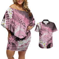 Piko Hawaiian Couples Matching Off Shoulder Short Dress and Hawaiian Shirt Pink Galaxy Spiral Plumeria Tribal Patterns DT05 Pink - Polynesian Pride