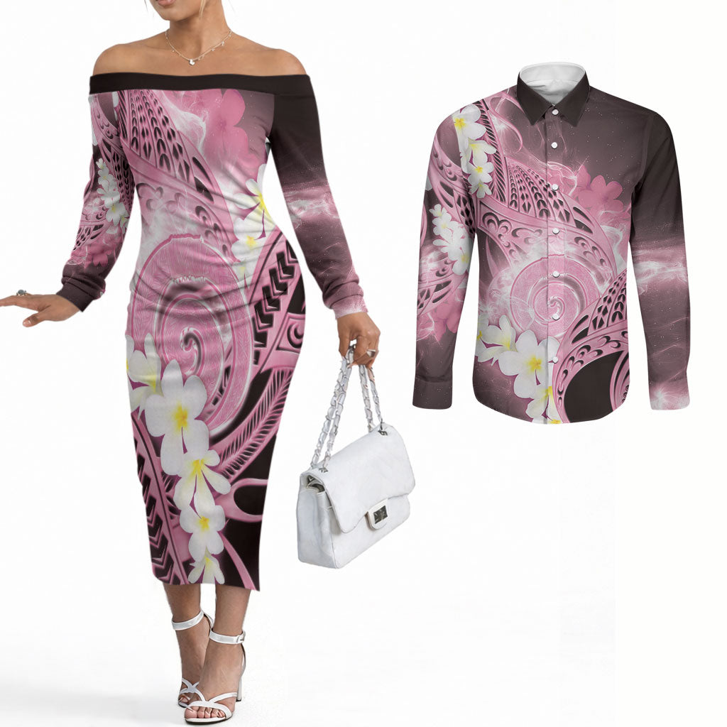 Piko Hawaiian Couples Matching Off The Shoulder Long Sleeve Dress and Long Sleeve Button Shirt Pink Galaxy Spiral Plumeria Tribal Patterns DT05 Pink - Polynesian Pride