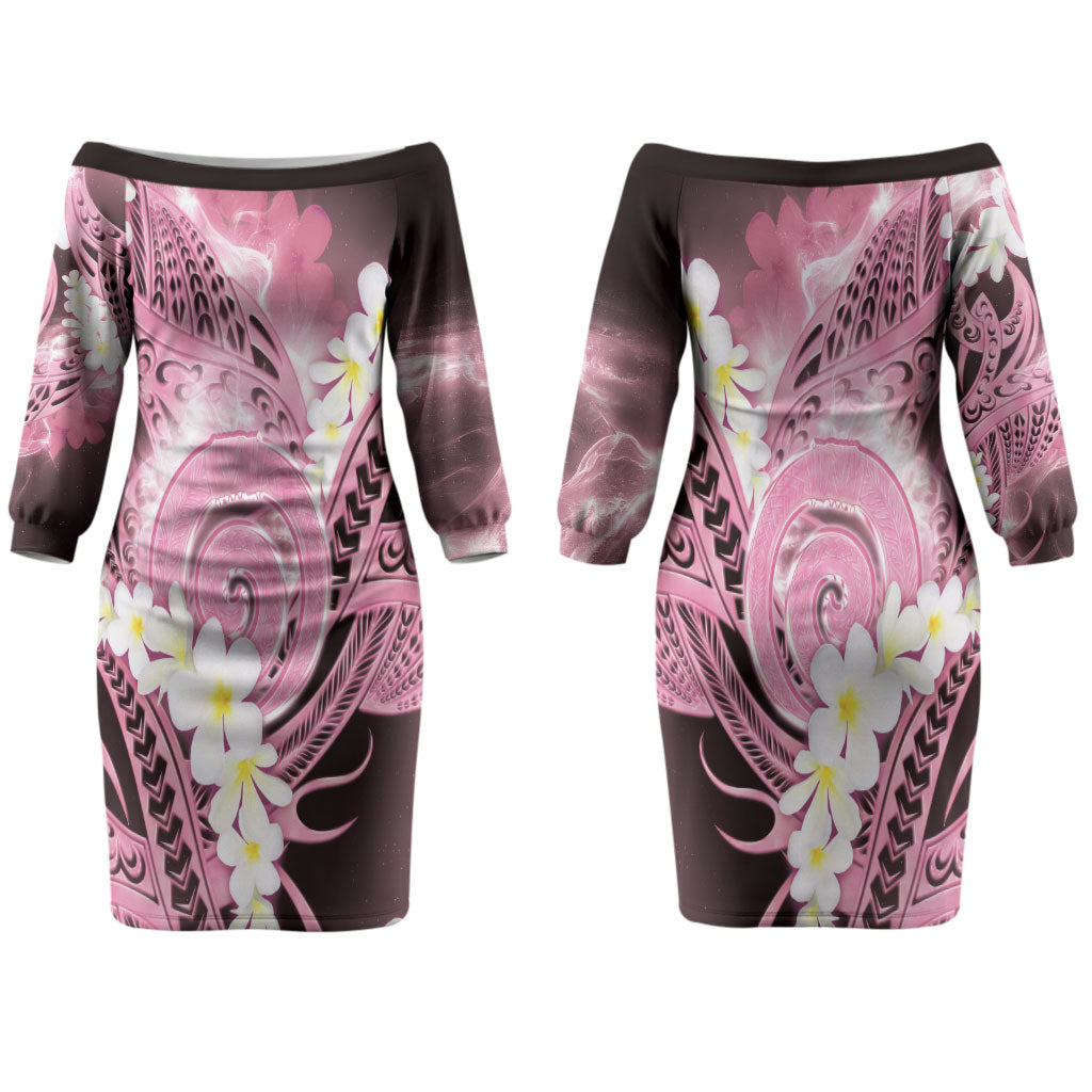 Piko Hawaiian Couples Matching Off The Shoulder Long Sleeve Dress and Long Sleeve Button Shirt Pink Galaxy Spiral Plumeria Tribal Patterns DT05 - Polynesian Pride