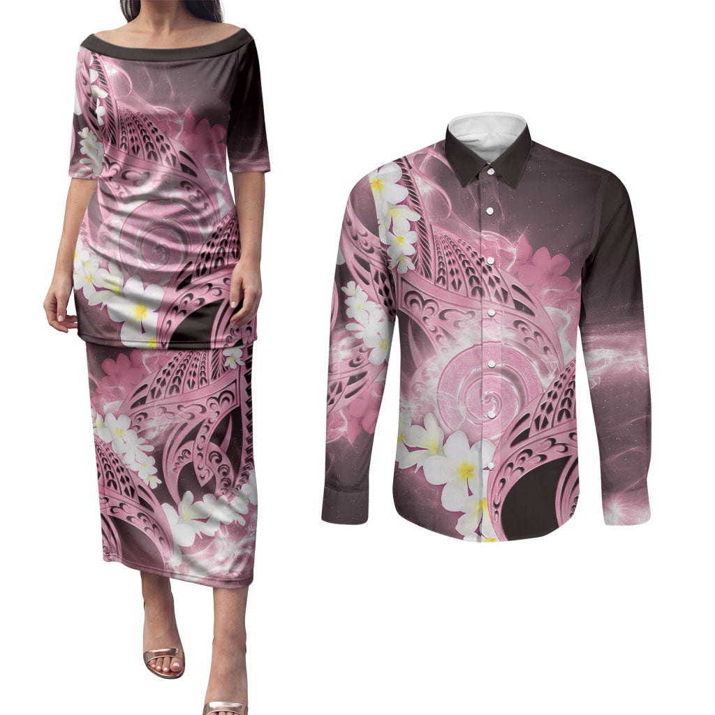 Piko Hawaiian Couples Matching Puletasi and Long Sleeve Button Shirt Pink Galaxy Spiral Plumeria Tribal Patterns DT05 Pink - Polynesian Pride