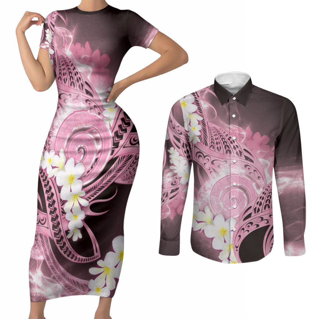 Piko Hawaiian Couples Matching Short Sleeve Bodycon Dress and Long Sleeve Button Shirt Pink Galaxy Spiral Plumeria Tribal Patterns DT05 Pink - Polynesian Pride