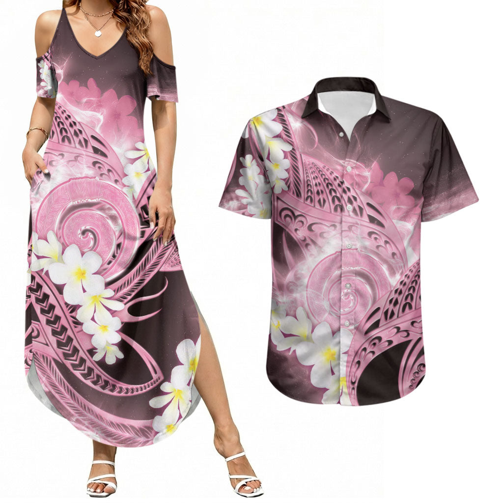 Piko Hawaiian Couples Matching Summer Maxi Dress and Hawaiian Shirt Pink Galaxy Spiral Plumeria Tribal Patterns DT05 Pink - Polynesian Pride