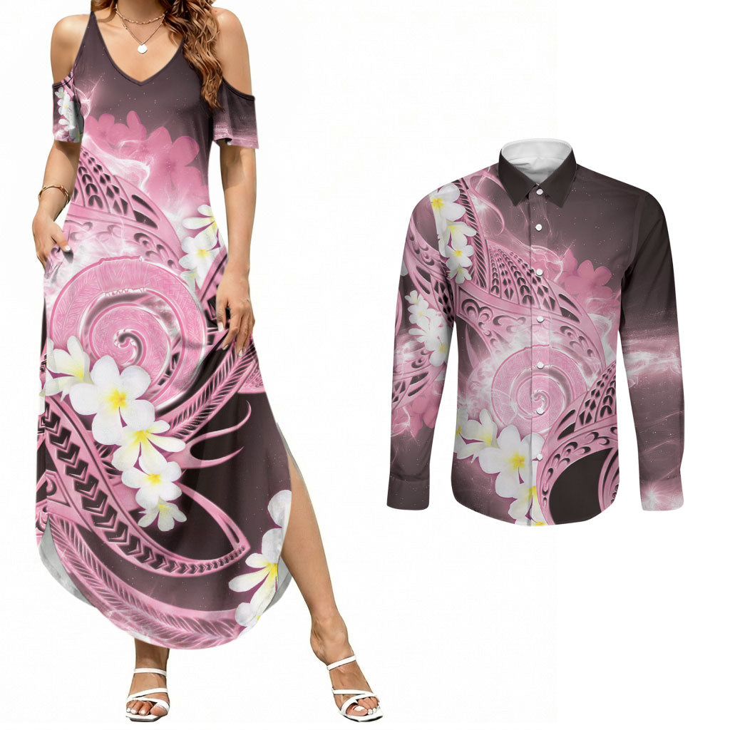 Piko Hawaiian Couples Matching Summer Maxi Dress and Long Sleeve Button Shirt Pink Galaxy Spiral Plumeria Tribal Patterns DT05 Pink - Polynesian Pride