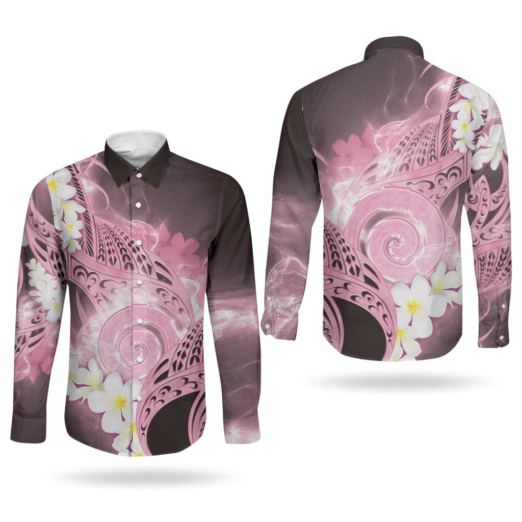 Piko Hawaiian Couples Matching Summer Maxi Dress and Long Sleeve Button Shirt Pink Galaxy Spiral Plumeria Tribal Patterns DT05 - Polynesian Pride