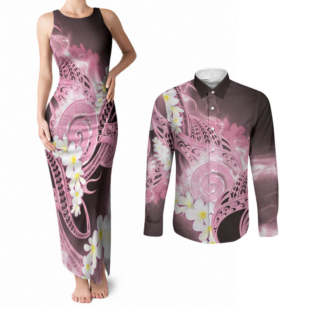 Piko Hawaiian Couples Matching Tank Maxi Dress and Long Sleeve Button Shirt Pink Galaxy Spiral Plumeria Tribal Patterns DT05 Pink - Polynesian Pride