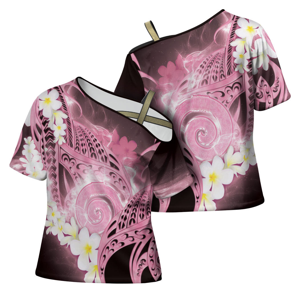 Piko Hawaiian Cross Shoulder Shirt Pink Galaxy Spiral Plumeria Tribal Patterns DT05 - Polynesian Pride
