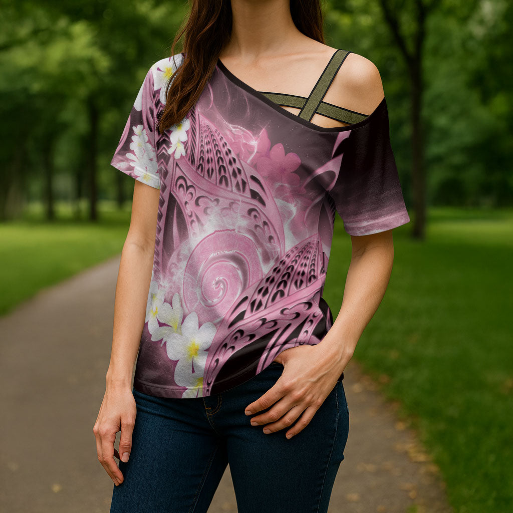 Piko Hawaiian Cross Shoulder Shirt Pink Galaxy Spiral Plumeria Tribal Patterns DT05 - Polynesian Pride