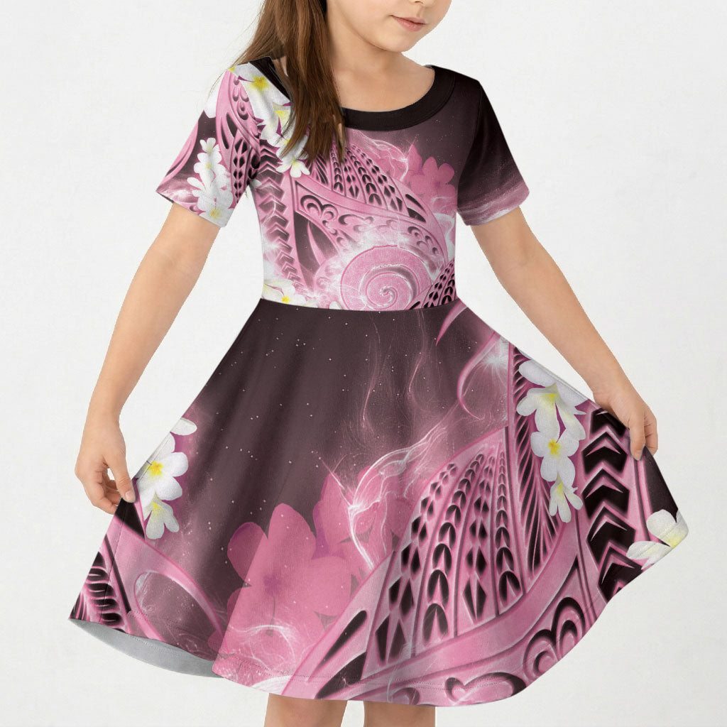 Piko Hawaiian Kid Short Sleeve Dress Pink Galaxy Spiral Plumeria Tribal Patterns DT05 KID Pink - Polynesian Pride