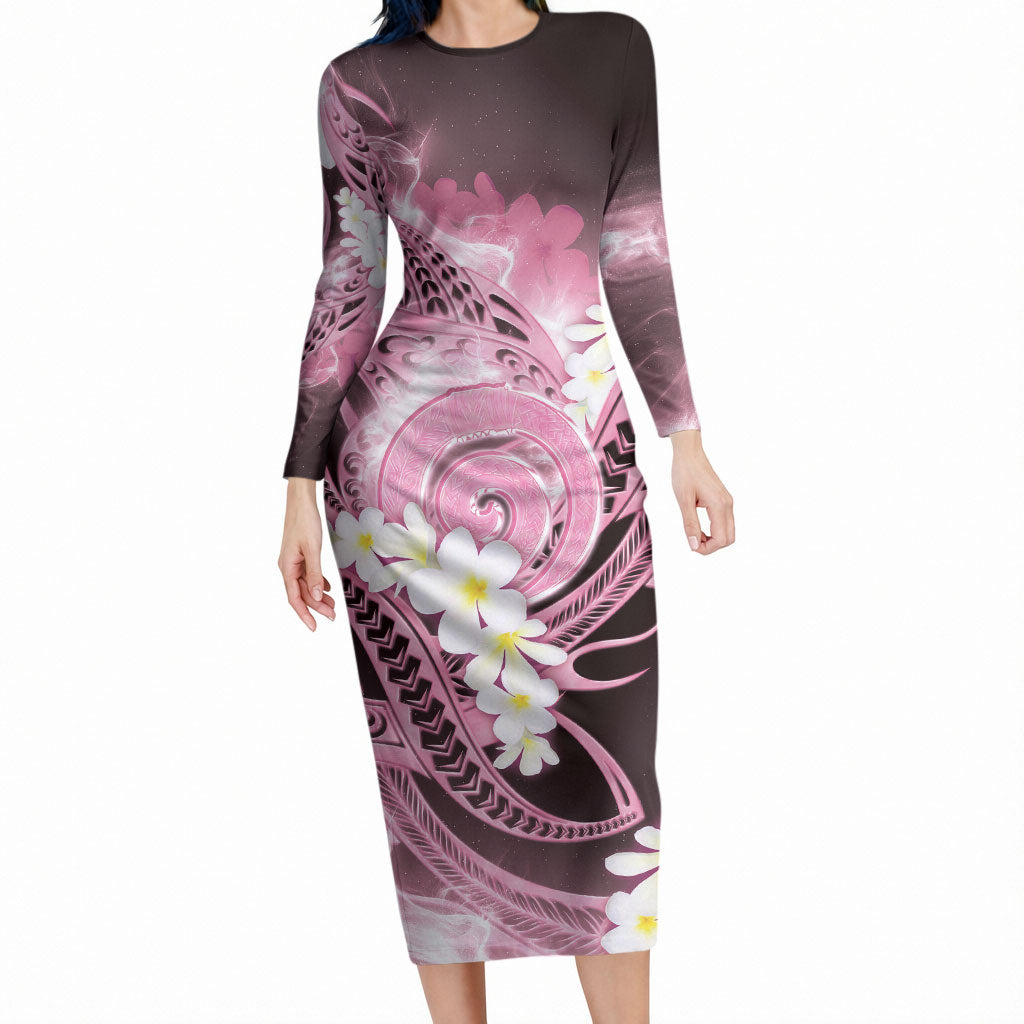 Piko Hawaiian Long Sleeve Bodycon Dress Pink Galaxy Spiral Plumeria Tribal Patterns DT05 Long Dress Pink - Polynesian Pride