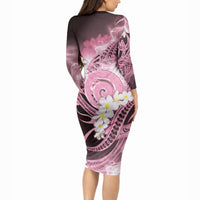 Piko Hawaiian Long Sleeve Bodycon Dress Pink Galaxy Spiral Plumeria Tribal Patterns DT05 - Polynesian Pride