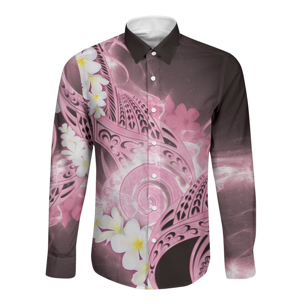 Piko Hawaiian Long Sleeve Button Shirt Pink Galaxy Spiral Plumeria Tribal Patterns DT05 Unisex Pink - Polynesian Pride