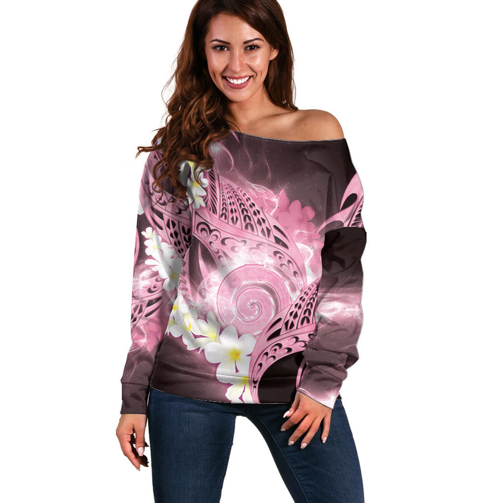Piko Hawaiian Off Shoulder Sweater Pink Galaxy Spiral Plumeria Tribal Patterns DT05 Women Pink - Polynesian Pride