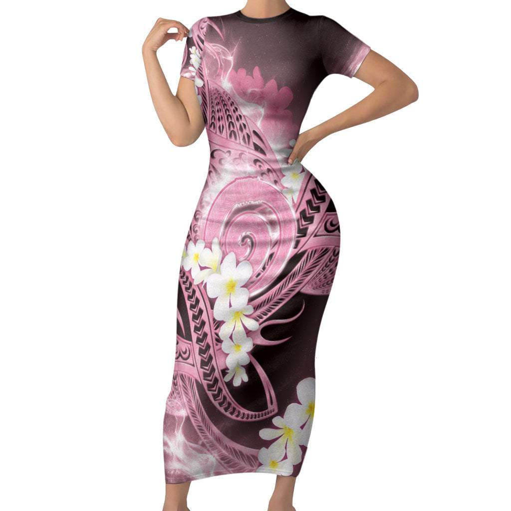Piko Hawaiian Short Sleeve Bodycon Dress Pink Galaxy Spiral Plumeria Tribal Patterns DT05 Long Dress Pink - Polynesian Pride
