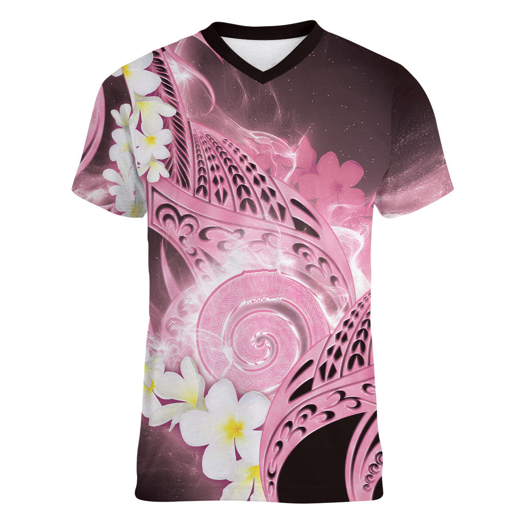 Piko Hawaiian Women V-Neck T-Shirt Pink Galaxy Spiral Plumeria Tribal Patterns DT05 Female Pink - Polynesian Pride